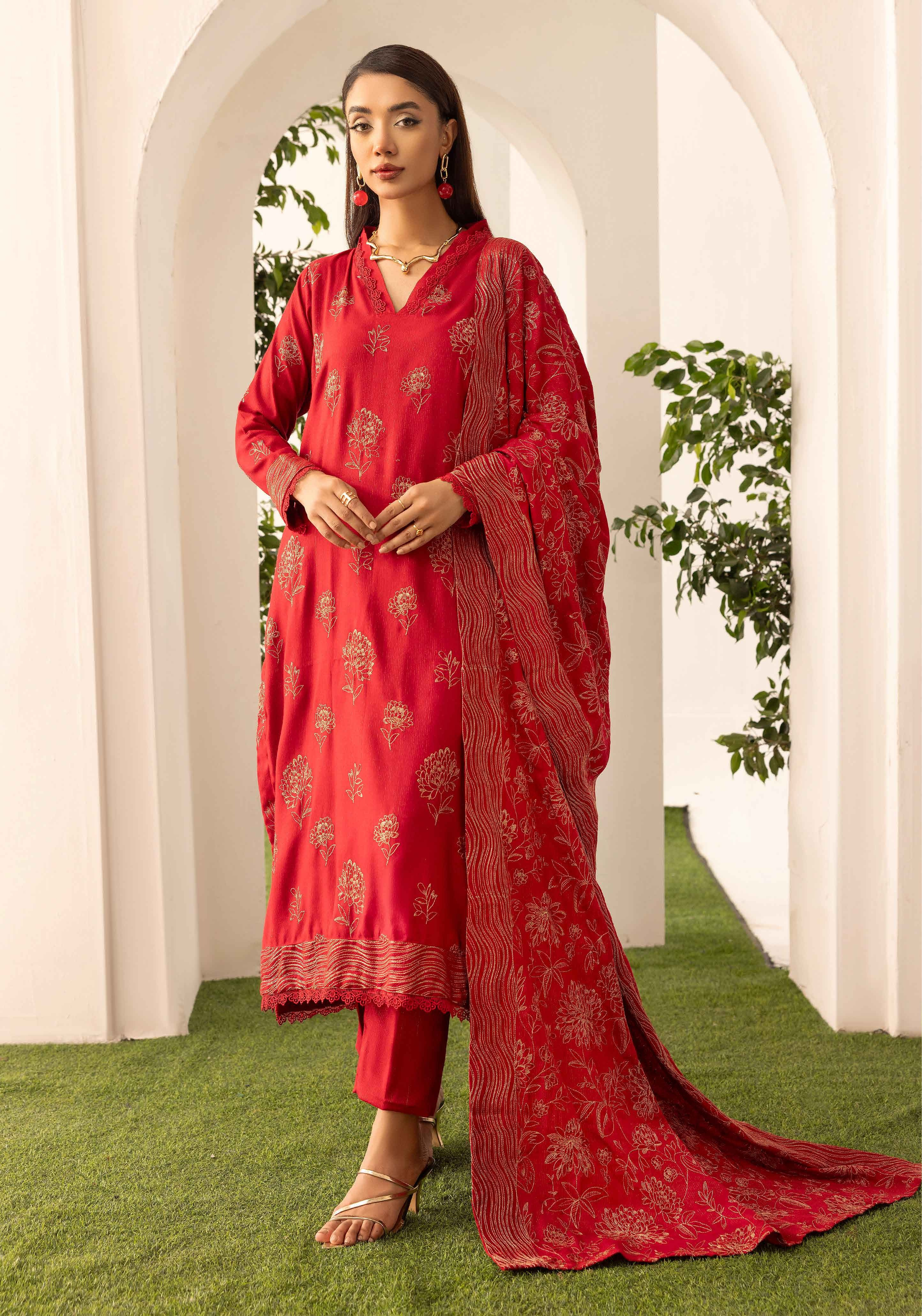 Embroidered Peach Leather 3PC – Zoya