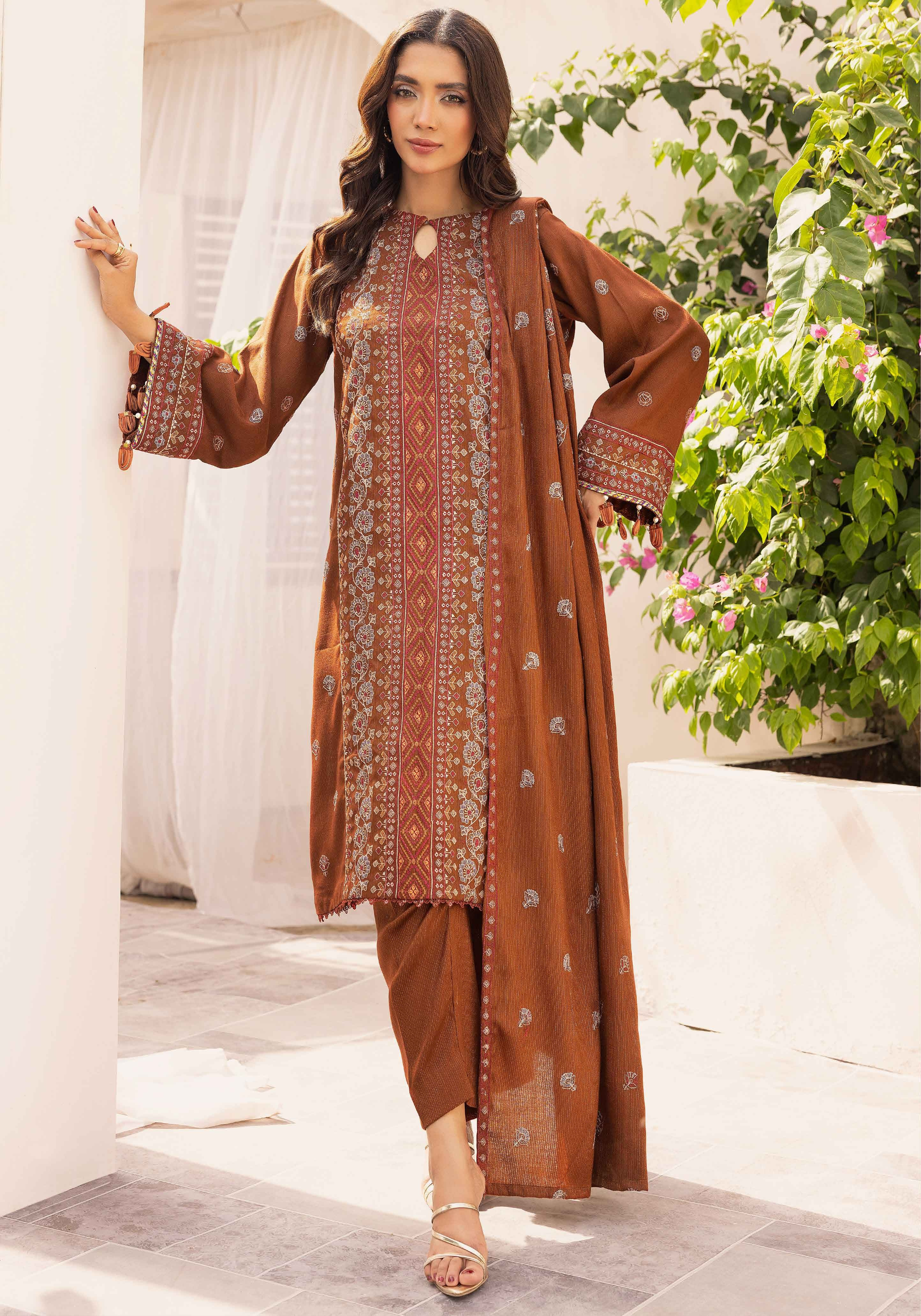 Embroidered Peach Leather 3PC – Inaya