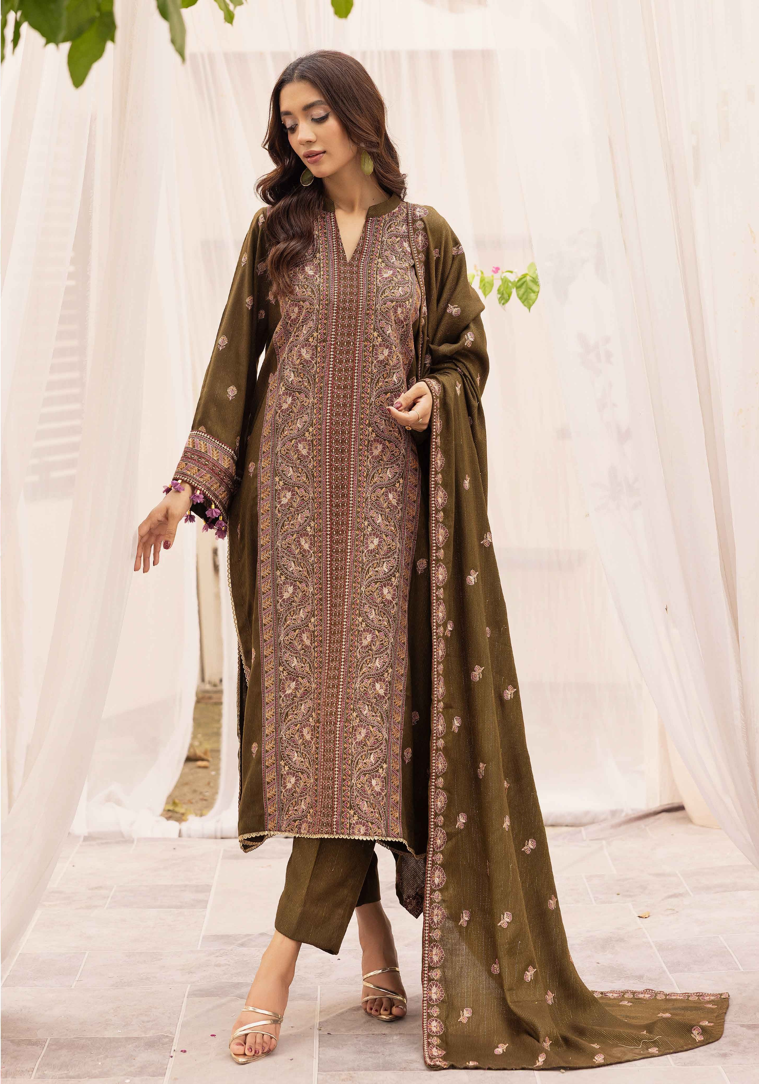 Embroidered Peach Leather 3PC – Afsheen