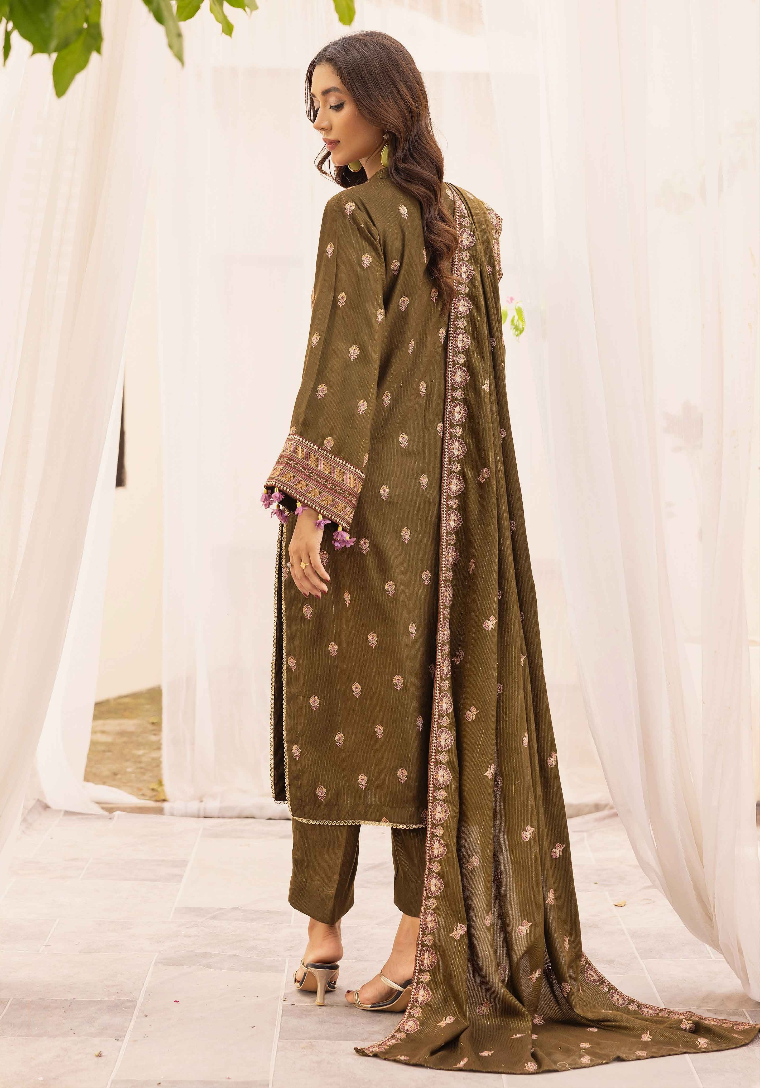 Embroidered Peach Leather 3PC – Afsheen