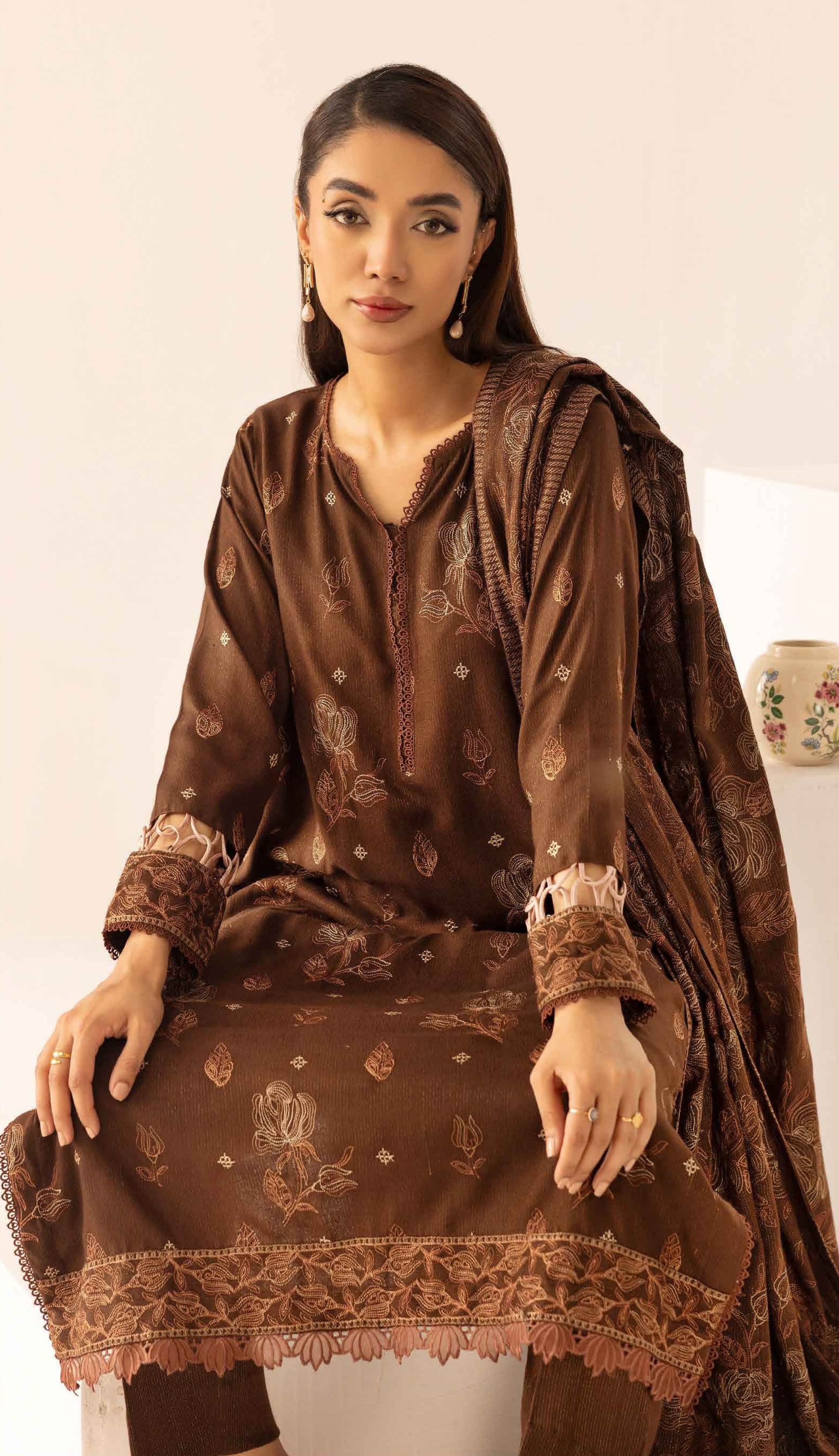 Embroidered Peach Leather 3PC – Sana