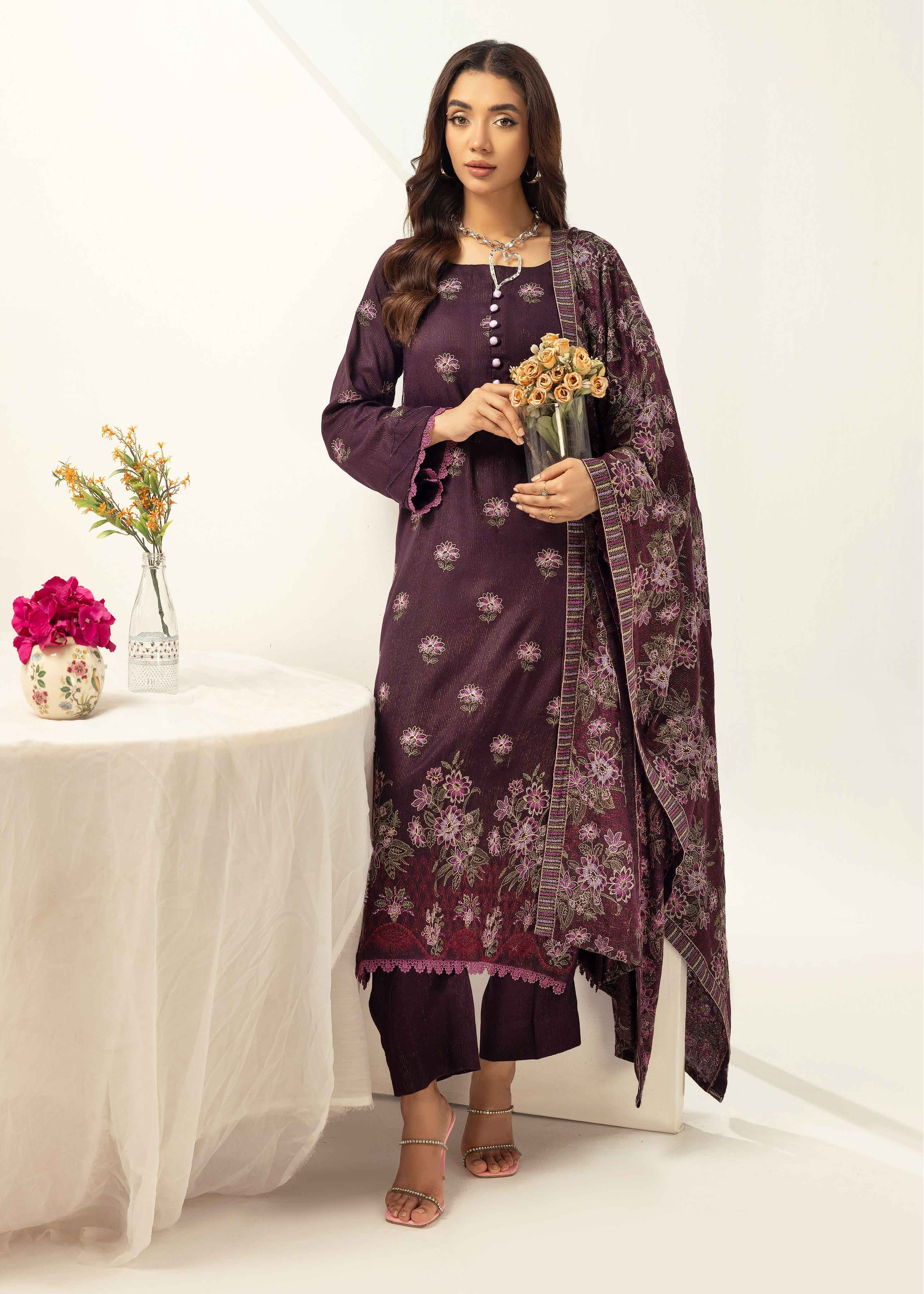 Embroidered Peach Leather 3PC – Minahil