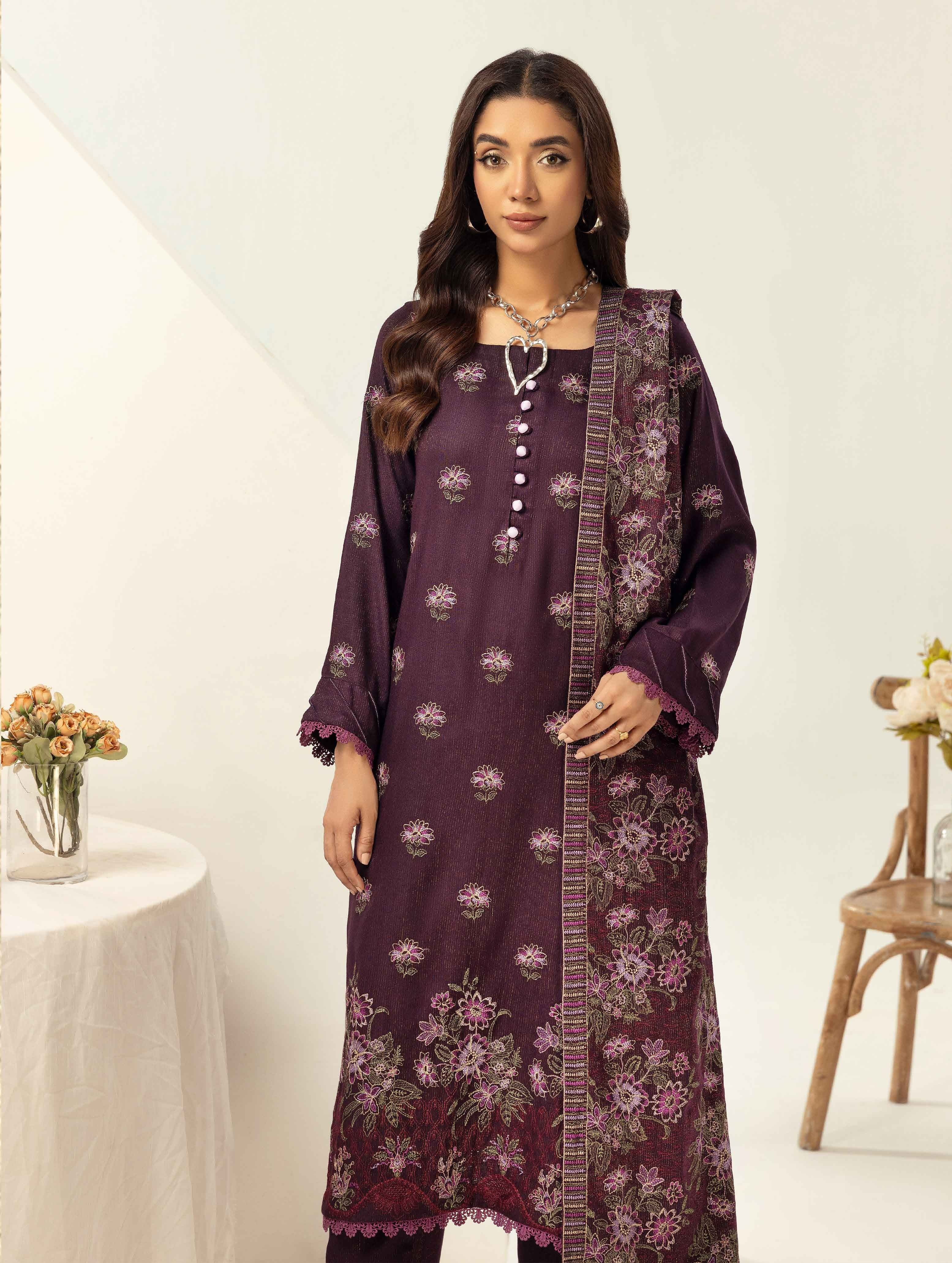 Embroidered Peach Leather 3PC – Minahil