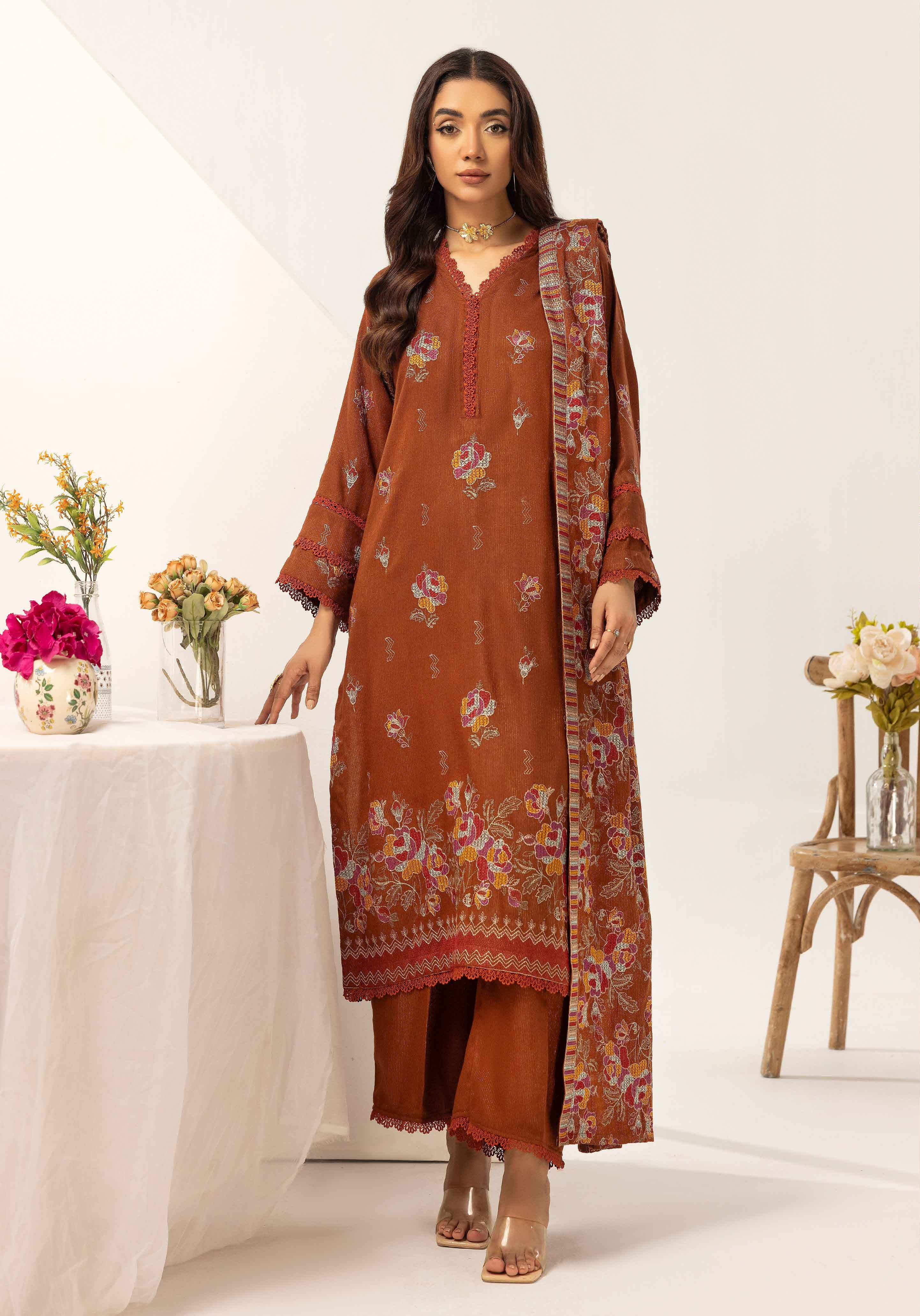 Embroidered Peach Leather 3PC – Areesha