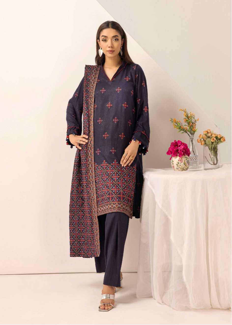 Embroidered Peach Leather 3PC – Hoor